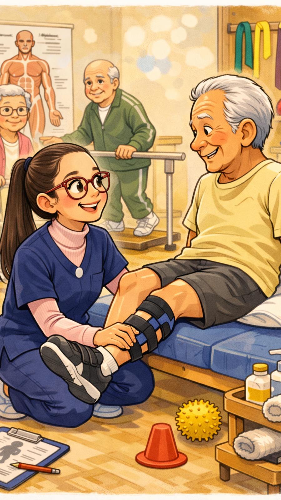 Ilustración de la fisioterapeuta Ana Cristina Miras Sánchez tratando a un paciente mayor
